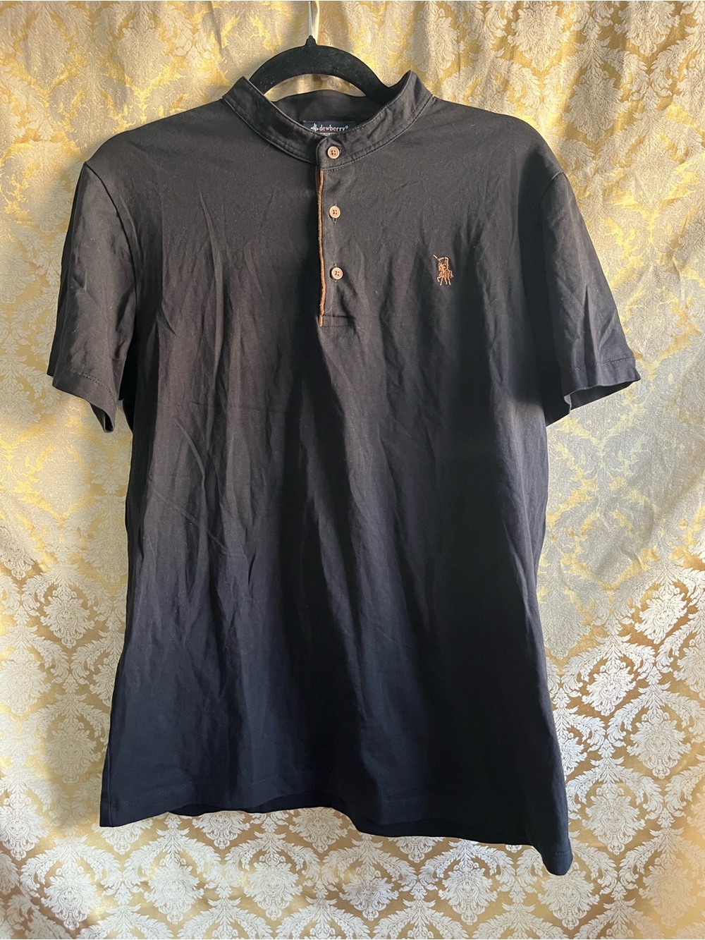 Men's Sz L Black Short-Sleeve Henley Polo with Contrast Stitching